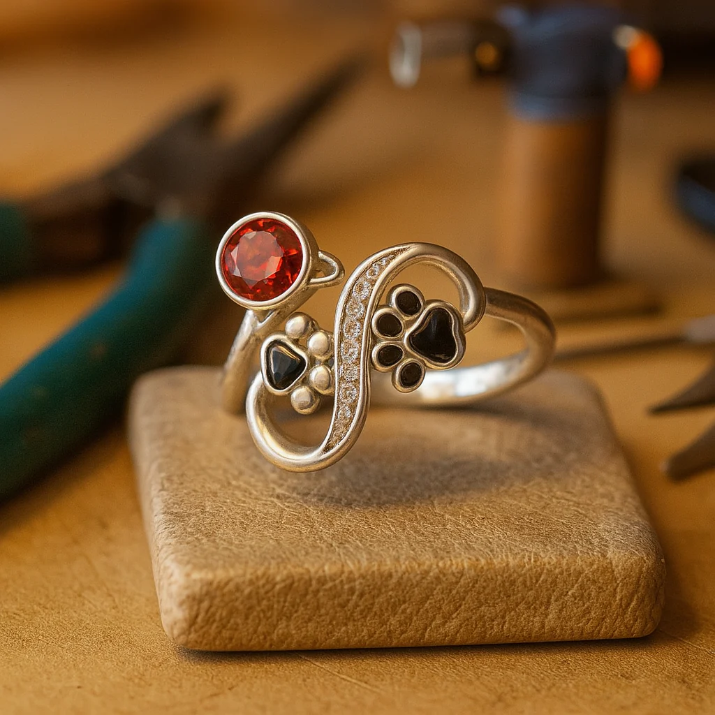 Black Paw Print Adjustable Ring With Red Gemstone