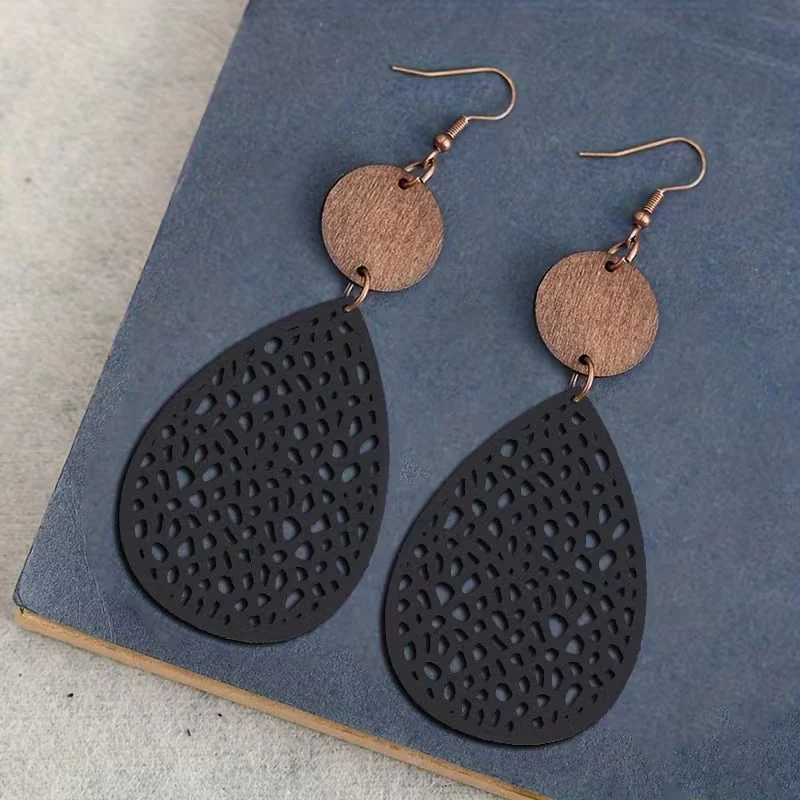 Vintage Style Leather Cutout Drop Earrings - Image 8