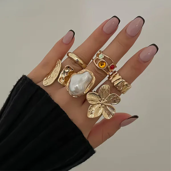 6-Piece Gold Baroque Pearl Ring Set