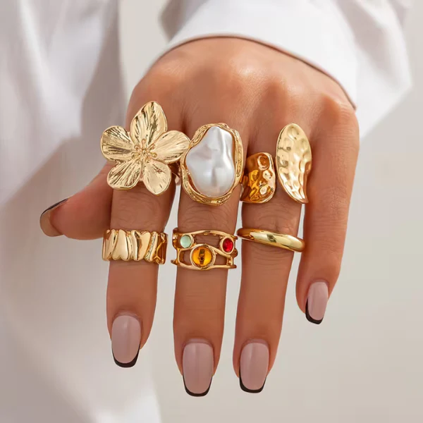 6-Piece Gold Baroque Pearl Ring Set - Image 2