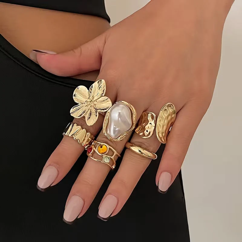 6-Piece Gold Baroque Pearl Ring Set - Image 3