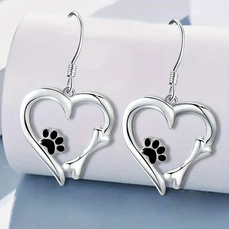 Silver Drop Earrings with Heart & Paw Design - Image 2