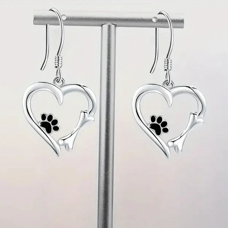 Silver Drop Earrings with Heart & Paw Design - Image 4