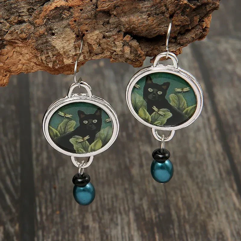 Vintage Tropical Black Cat Dangle Earrings - Image 3