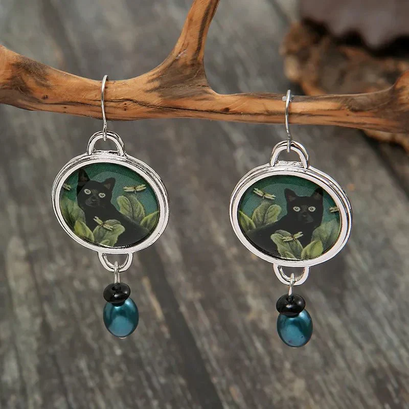 Vintage Tropical Black Cat Dangle Earrings - Image 4